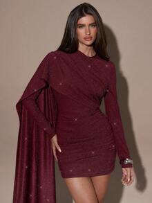 SHEIN BAE 优雅酒红色亮面拼接迷你连衣裙 - 酒紅色 - 查看 6