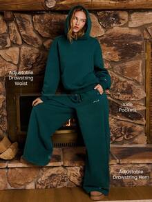 GLOWMODE Very Merry Heavyweight Fleece Soft Plush Wide Leg Embroidered Drawstring Sweatpants Holiday Christmas Autumn Winter Outdoors Daily Casual Wear - Dunkelgrün - Übersicht 4