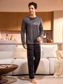 Manfinity Underwear&Sleepwear Basics 男士长袖上衣和格子裤家居服套装，冬季服装 - 深灰色 - 查看 4