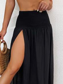 Swim Vcay Women's Summer Beach Vacation Style Solid Color Shirred Waist High Slit Hem Cover-Up Skirt - Black - View 5