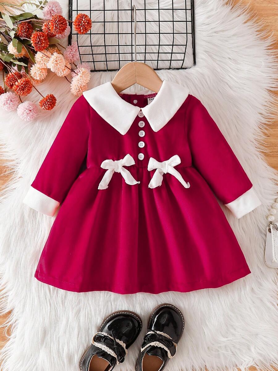 SHEIN Váy nơ trang trí khối màu thanh lịch cho bé gái - Đỏ - Xem 1