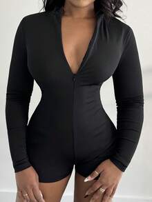 Alexandranx 休闲白色罗纹长袖前拉链连体裤 - E - 黑色 - 查看 3