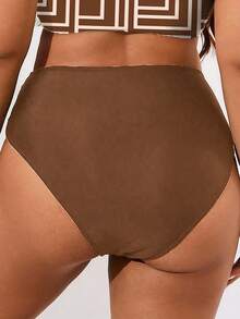 Swim Lushoire Plus Size One-Piece Solid Color & Random Geometric Print High Waist Patchwork Sexy Elegant Beach Vacation Women Bikini Bottom - Coffee Brown - View 2
