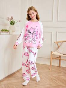 Tween Girl Pink And White Little Rabbit Pattern Splicing Long Sleeves And Printed Pants Set,Autumn Cute Sleep,Daily Home Leisure Comfortable Pajamas - Pink - View 4