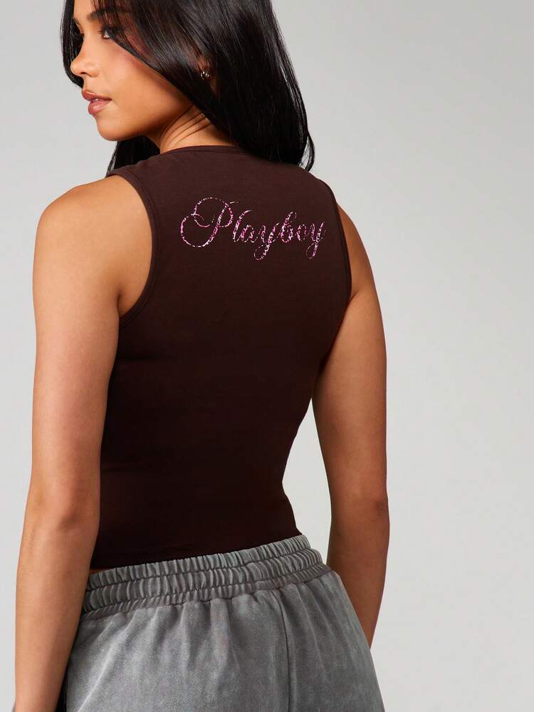 Missguided x Playboy Women Sleeveless Tank Top With Leopard Print Numbers And Script Detail