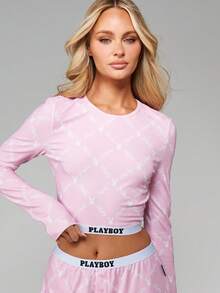 Missguided x Playboy 长袖露脐上衣和阔腿睡裤家居服套装，兔子印花 - 粉色 - 查看 3