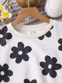 SHEIN 2 pièces/Set Ensemble Sweat-shirt à col ras du cou à manches longues et pantalon imprimé floral pour préadolescentes, automne/hiver - Noir et Blanc - Voir 12