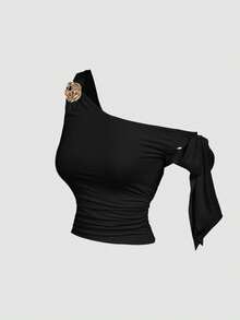 SHEIN MOD 2件装蝴蝶结金属3D花朵装饰女士吊带背心 - 酒紅色 - 查看 7