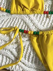 Swim Vcay 女士性感串珠露背系带比基尼套装，色彩缤纷的海滩度假风格 - 黃色 - 查看 4