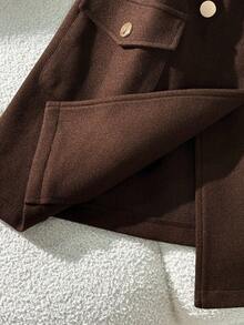 SHEIN PETITE Sleeveless + Metal Buckle Belt Mid-Length Woolen Coat - Coffee Brown - View 6