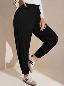 SHEIN LUNE Plus Size Women's Solid Color Ruffle Waist Tie Casual Jogger Pants
