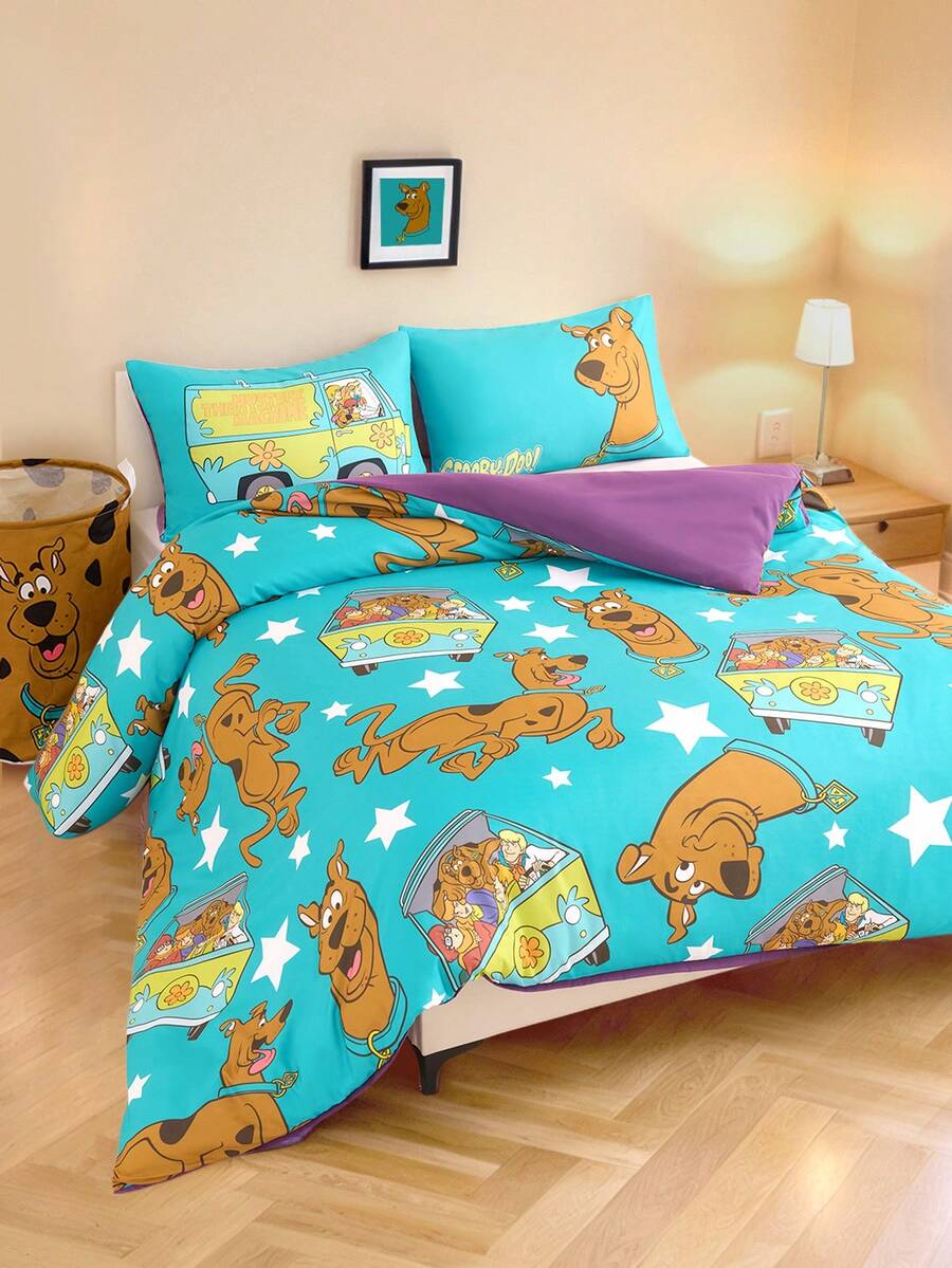 SCOOBY-DOO X SHEIN 3Pc Cartoon Printed Quilt Cover Set, Polished Material, Soft And Warm, Green Quilt Cover, Multiple Sizes, Suitable For Single Bed/Double Bed/Queen Bed/King Bed,Gift Ideas - 綠色 - 查看 1