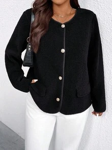 EMERY ROSE Plus Size Women's Casual Brown Versatile Jacket, Button Decor Long Sleeve Fuzzy Coat, Suitable For Daily Outings And Commuting - Black - View 5