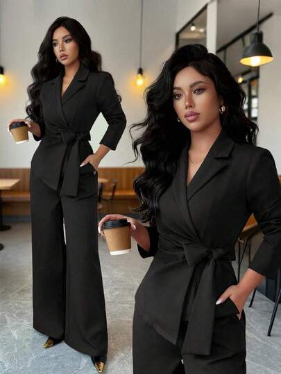 SHEIN Elenzya 女士黑色双层弹力V领裹胸系带腰身设计优雅职业套装，适合工作、万圣节、办公室、秋季穿着。两件套：长袖系带上衣和宽松直筒裤。