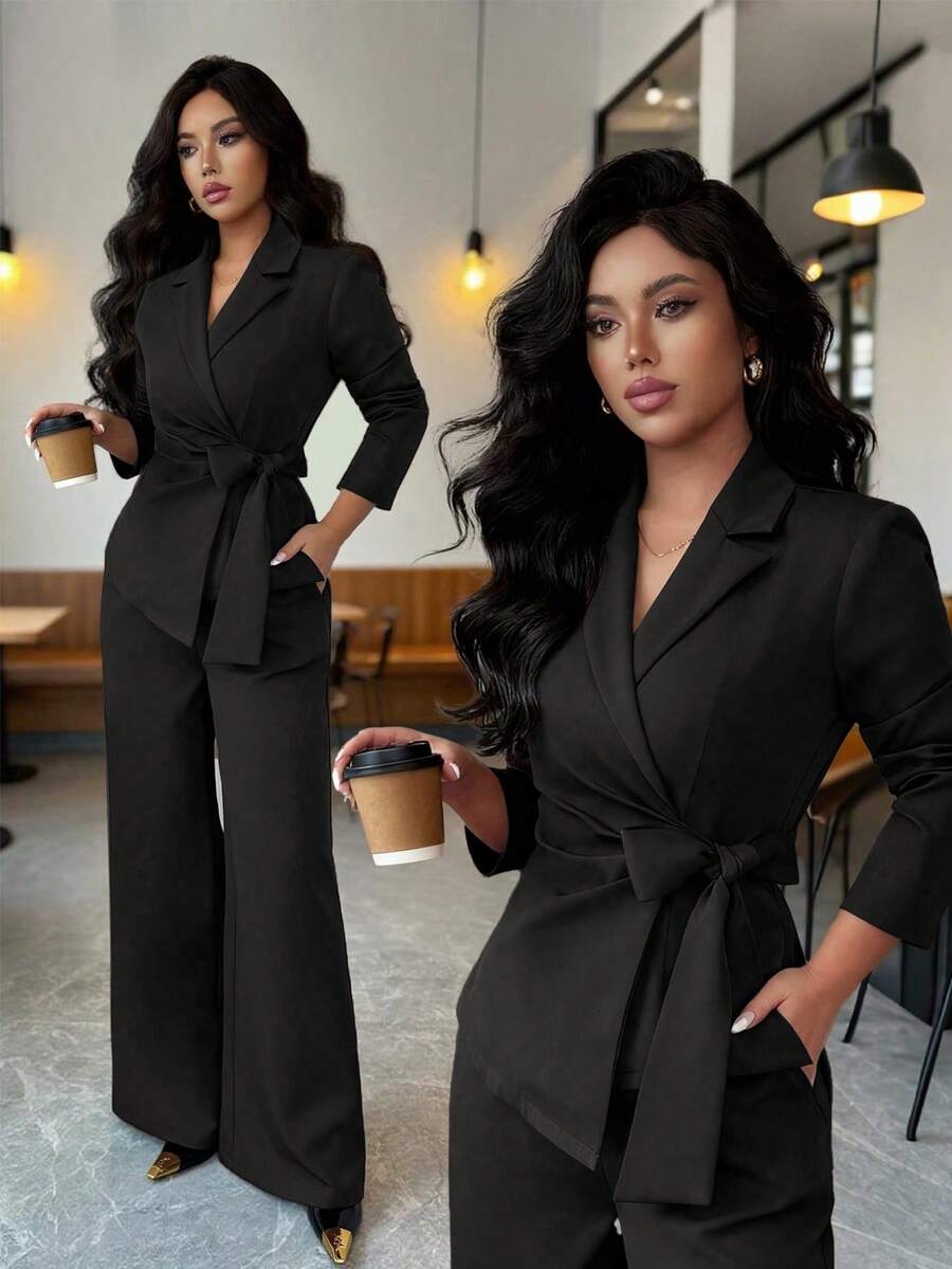SHEIN Elenzya 女士黑色双层弹力V领裹胸系带腰身设计优雅职业套装,适合工作、万圣节、办公室、秋季穿着。两件套:长袖系带上衣和宽松直筒裤。 - 黑色 - 查看 1