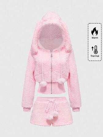 Autumn/Winter Kawaii Lace & Plush Patchwork Rabbit Ear Hoodie And Fluffy Shorts 2 Pieces Set For Women