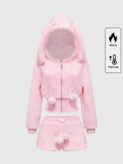 Kawaii Ensemble 2 pièces pour femmes composé d'un sweat-shirt à capuche avec oreilles de lapin en dentelle et patchwork peluche, et de shorts moelleux pour l'automne/hiver