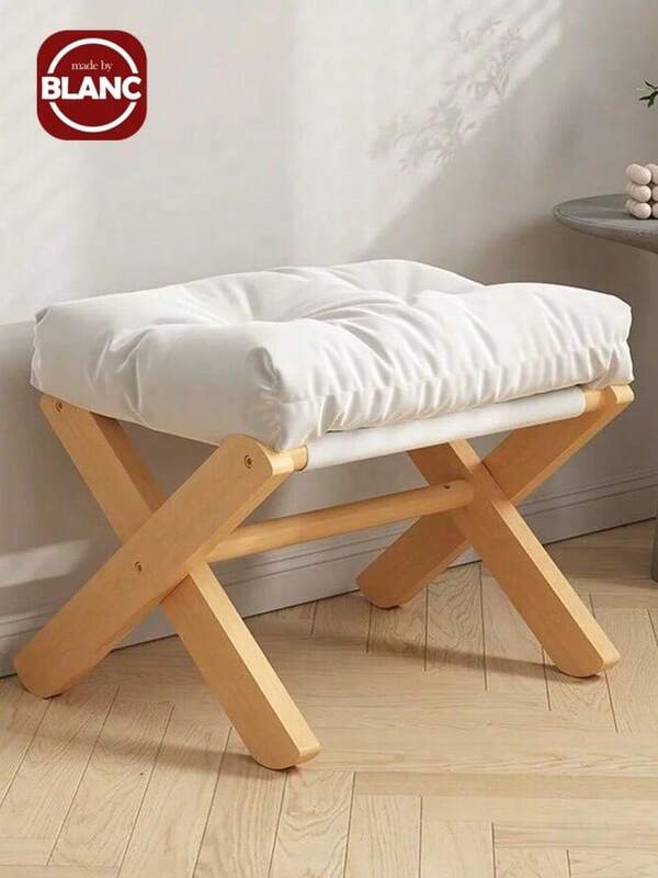 Folding Wooden Low Stool, Footrest For Living Room, Shoe Changing,Small Accent Ottoman With Thick Cushion & Bamboo X Legs, Modern Padded Sofa Stool For Makeup Bedroom Living Room