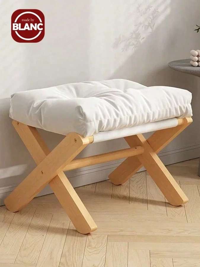 Folding Wooden Low Stool, Footrest For Living Room, Shoe Changing,Small Accent Ottoman With Thick Cushion & Bamboo X Legs, Modern Padded Sofa Stool For Makeup Bedroom Living Room