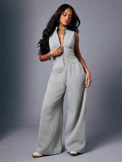 Hauture Damen sexy lässiger Jumpsuit mit Reißverschluss und ärmellos, meliertes Grau