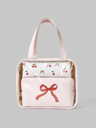 Kawaii 1pc Pink Cherry Blossom Bow Print Fashion Portable 3 PiecesCosmetic Bag Set