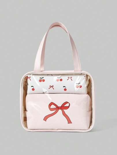 Kawaii 1pc Pink Cherry Blossom Bow Print Fashion Portable 3 PiecesCosmetic Bag Set