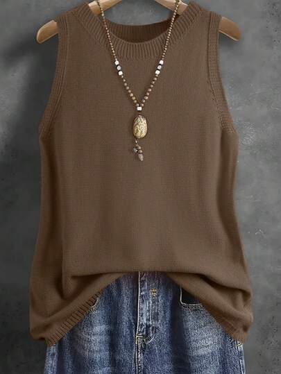 INAWLY Women's Solid Color Round Neck Casual Loose Knitted Vest, Autumn/Winter