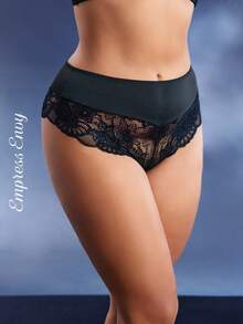 1pc Plus Size Solid Color Contrast Lace Panty Lingerie - Black - View 3