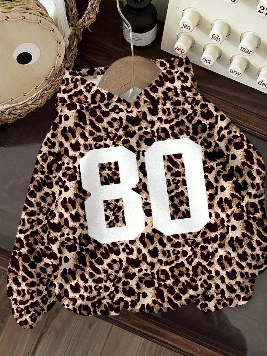 SHEIN Leap Crew 少女秋季学院风80号印花,迷彩和枯叶图案,校园氛围,都市漫步,街头潮流,休闲校园运动风,宽松舒适的连帽卫衣,适合秋冬季穿着。 - 彩色 - 查看 1