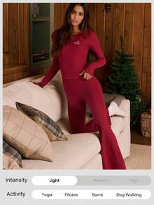 GLOWMODE 31" FeatherFit™ Merry Mode Soft Stretchy Sweat-Wicking Flared Leggings Holiday Christmas Outdoors Yoga Pilates Studio Wear Spring Summer - Burgundy - View 6