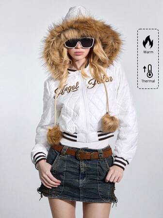 J-Fashion Women's Retro Y2K Subculture Embroidered Fleece Patchwork Cropped Padded Coat, Back To School Style