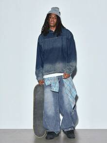 Modcrash Men's Vintage Washed Denim Oversized Relaxed Fit Pullover Hoodie Jacket, Casual Distressed Wash, 100% Cotton, Streetwear, Y2K Denim Sweatshirt, Good Quality, Comfortable, Drop Shoulder, Front Pocket, Hooded, Denim Shirt, Denim Top, Denim Jacket , Fall - Dark Wash - View 4