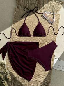 Swim Vcay 3-Piece Women Set: Solid Color Halter Tie Back Crop Top, Triangle Bikini Bottom, And Sheer Wrap Skirt For Summer Beach Vacation