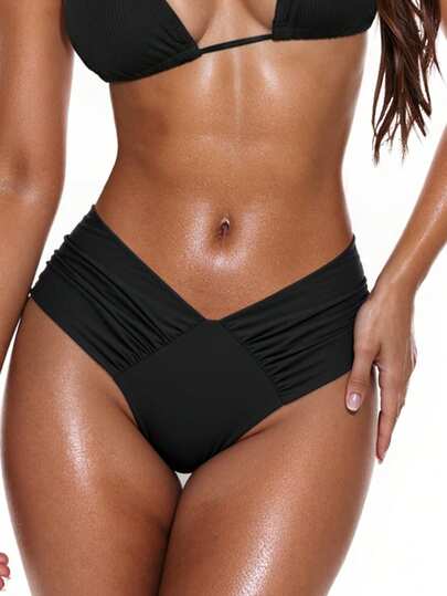 Swim Basics Women's Solid Color Ruched V-Shaped Bikini Bottom