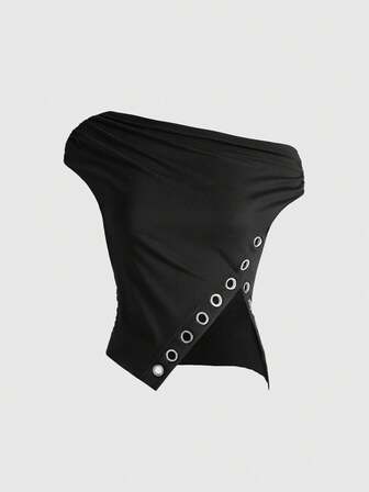 J-Fashion قميص تي شيرت نسائي بتصميم كتف مائل مزين بفتحات وذيل غير متماثل