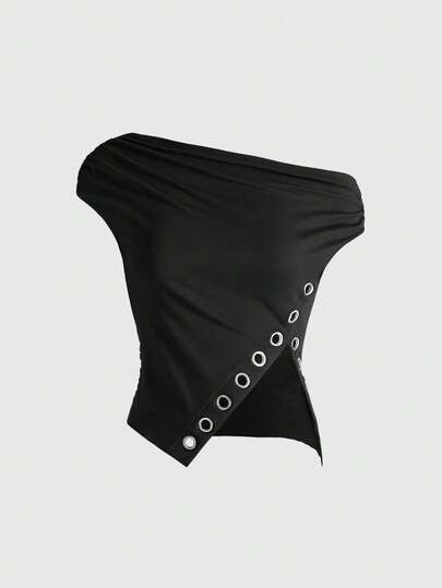 J-Fashion قميص تي شيرت نسائي بتصميم كتف مائل مزين بفتحات وذيل غير متماثل