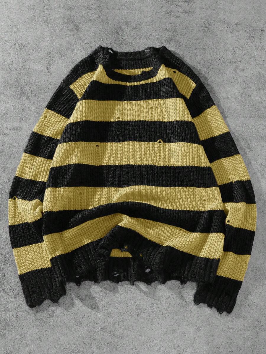 Manfinity Roghcode Men's Contrast Color Round Neck Long Sleeve Striped Loose Knit Pullover Sweater Grunge Sweater - Yellow - View 1