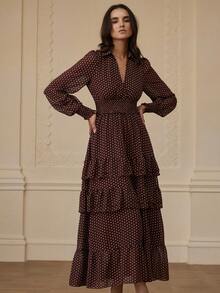 Aveloria Rosie 秋冬复古波点随机印花雪纺连衣裙，荷叶边下摆，多层收腰设计，优雅长袖连衣裙 - 彩色 - 查看 5