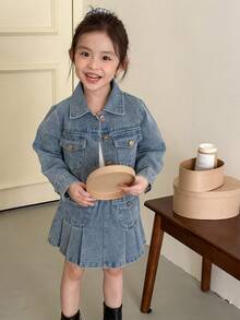 Genkimix Kids Young Girl's Casual Denim Jacket And Pleated Mini Skirt Set, Fashionable Winter Outfit - Blue - View 5