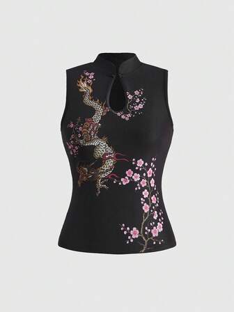 J-FASHION New Chinese Style Flame Dragon & Peach Blossom Print Women Tank Top