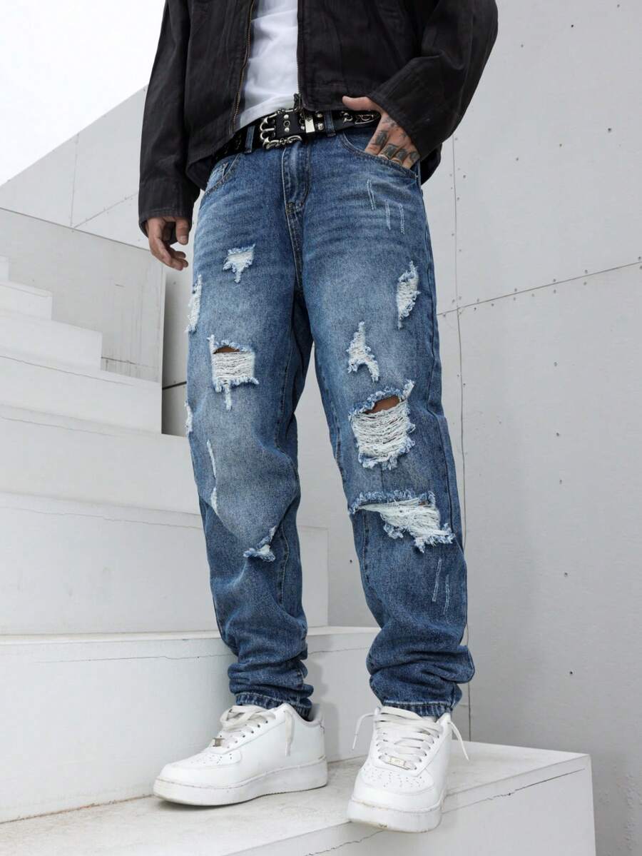 Manfinity LEGND Herren-Jeans in Blau mit Used-Look, schmal geschnitten, verwaschen, lässig-elegant – die perfekte Jeans für Freunde und Ehemänner. - Mittele Waschung - Übersicht 1