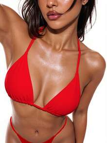 Swim Basics Women's Solid Color Halter Tie Sexy Bikini Top, Summer Beach