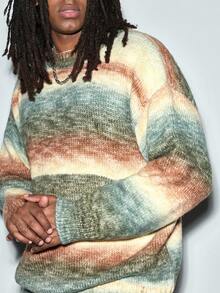 Modcrash 白悦秋冬粗针织圆领毛衣，渐变彩虹条纹，柔软蓬松，羊毛质感，保暖宽松男士针织套头衫 - 彩色 - 查看 2