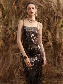Arave Váy bó sát cơ thể bằng vải sequin và chỉ kim loại dành cho nữ, thanh lịch cho buổi hẹn hò - Cà phê nâu - Xem 8