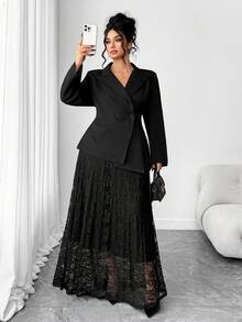 Elenzga 大码女士优雅翻领长袖收腰不对称下摆西装外套和蕾丝长裙休闲套装，冬季 - 黑色 - 查看 3