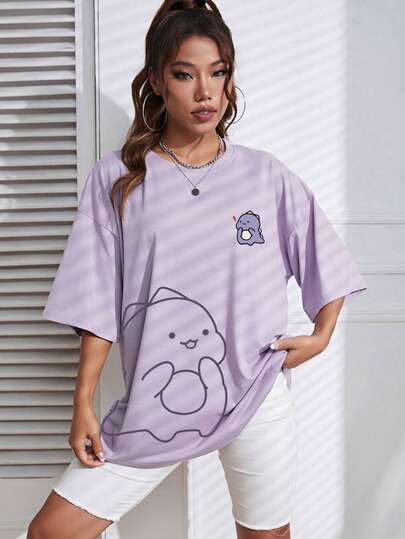 INAWLY Cartoon Graphic Drop Shoulder Oversized Tee Graphic Tees Women Tops