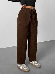 SHEIN PETITE Women's Casual Elastic Waist Corduroy Straight Leg Pants, Autumn Fall Pants Baggy Women Pants - Brown - View 4