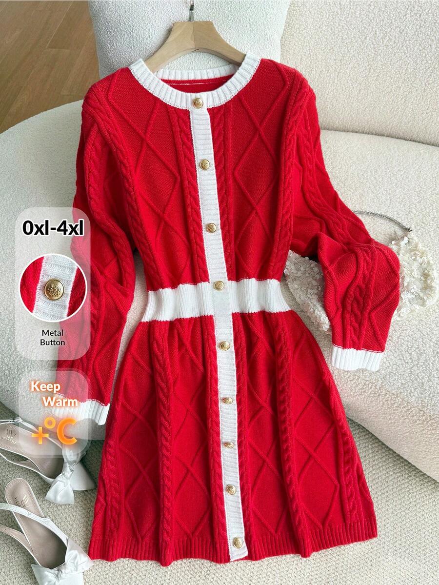 Firerie Vestido de Suéter de Manga Longa com Cintura Marcada Plus Size, Casual - Vermelho e Branco - Visão 1