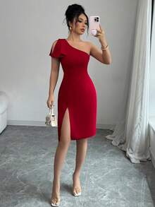 SHEIN Raffinéa Women's Sexy Asymmetrical Shoulder Bodycon Mini Dress - Burgundy - View 5