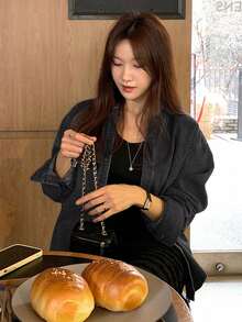 DAZY 时尚长袖宽松翻领牛仔衬衫 - 深灰色 - 查看 5